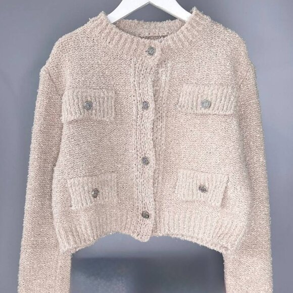 Sweaters - Beige Button Front Textured Knit Cropped Cardigan